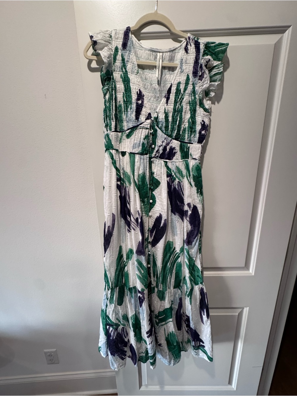 White Floral Brushstroke Midi Dress with Green & Navy Accents